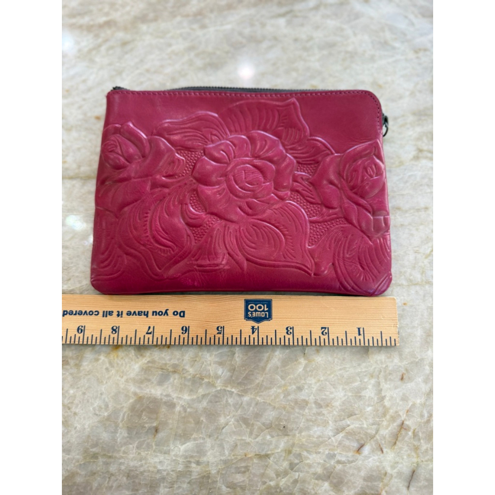 Patricia Nash Red pink Embossed Leather Clutch floral zip organizational pouch - Picture 9 of 11